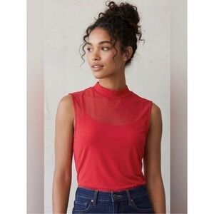 Vince Camuto Red Mesh Mock Neck Sleeveless Top Keyhole Back NWT XS